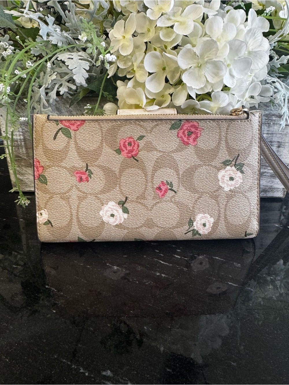 Coach Tan and Chalk Floral Signature Wristlet with Pink and White Floral Accents - Picture 4 of 9